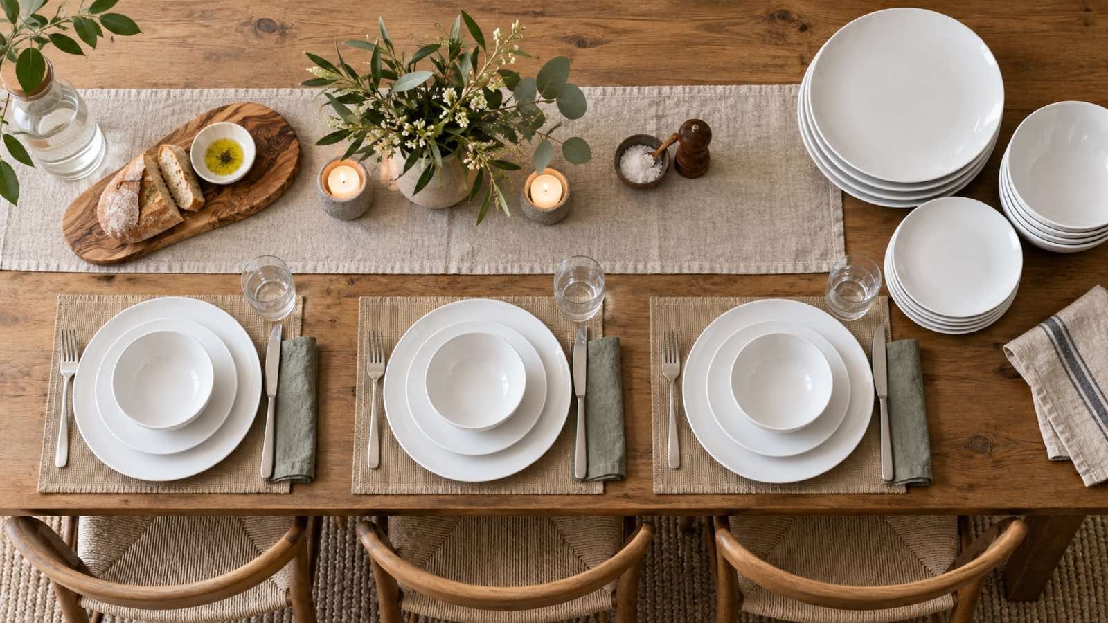 Coordinated white plates and bowls arranged as complete settings and separate replacement stacks