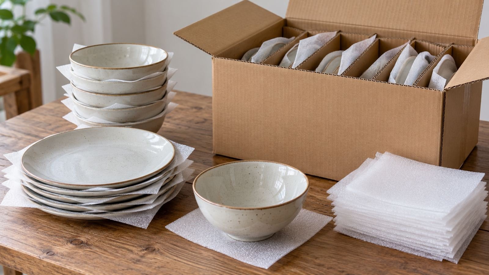 ceramic plates and bowls with separate protective sleeves beside a plain export carton