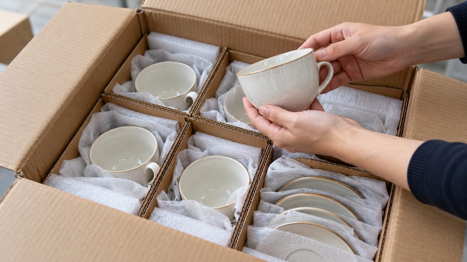 hands checking protected ceramic cups and saucers in an open cardboard shipping carton