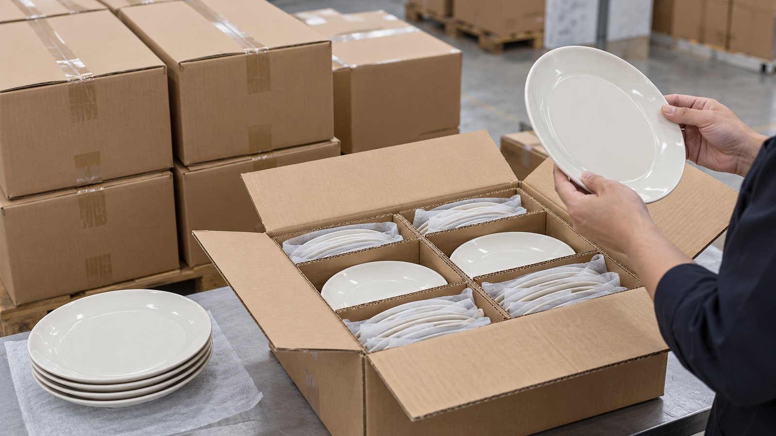 plain ceramic tableware shipping cartons arranged beside a neatly packed open plate carton