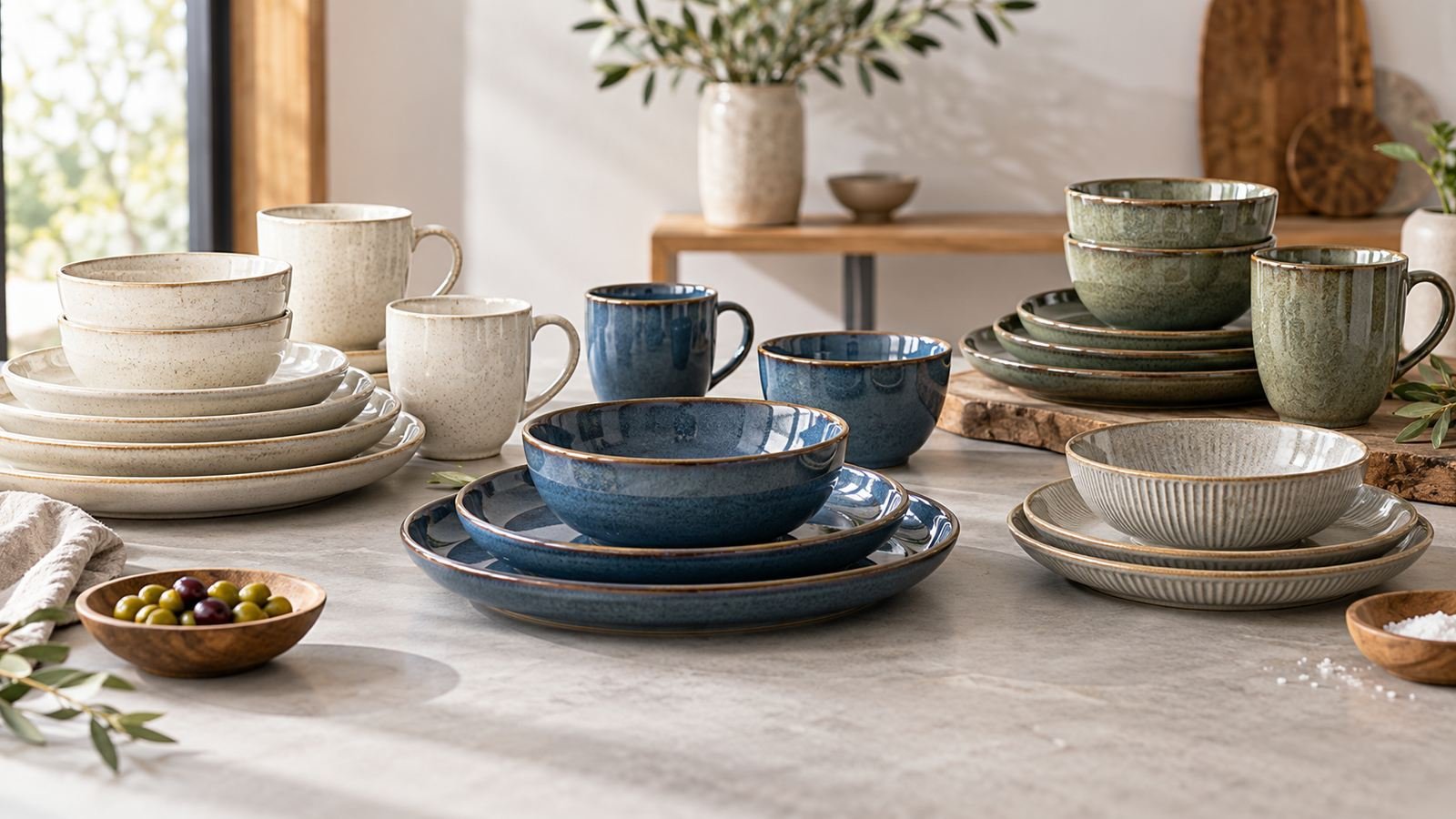 ceramic tableware arranged in separate assortments on a clean stock review table