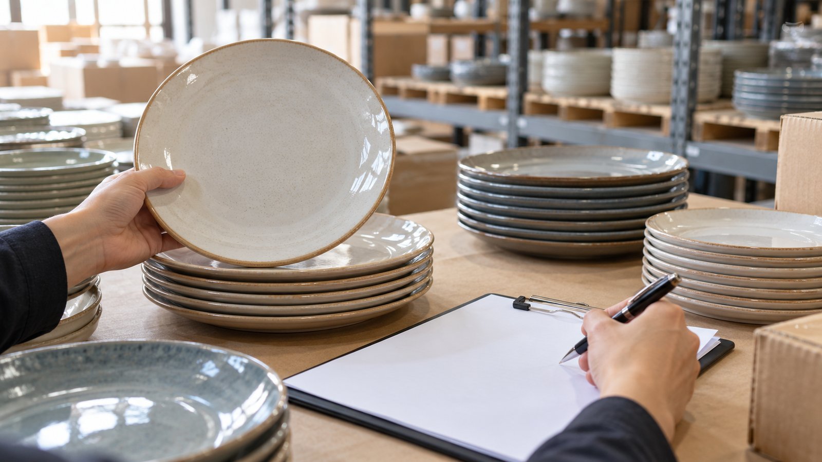 hands checking ceramic dinner plates against a blank order review sheet in a warehouse