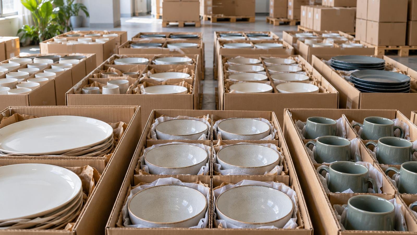plain ceramic tableware shipping cartons organized in separate rows ready for dispatch
