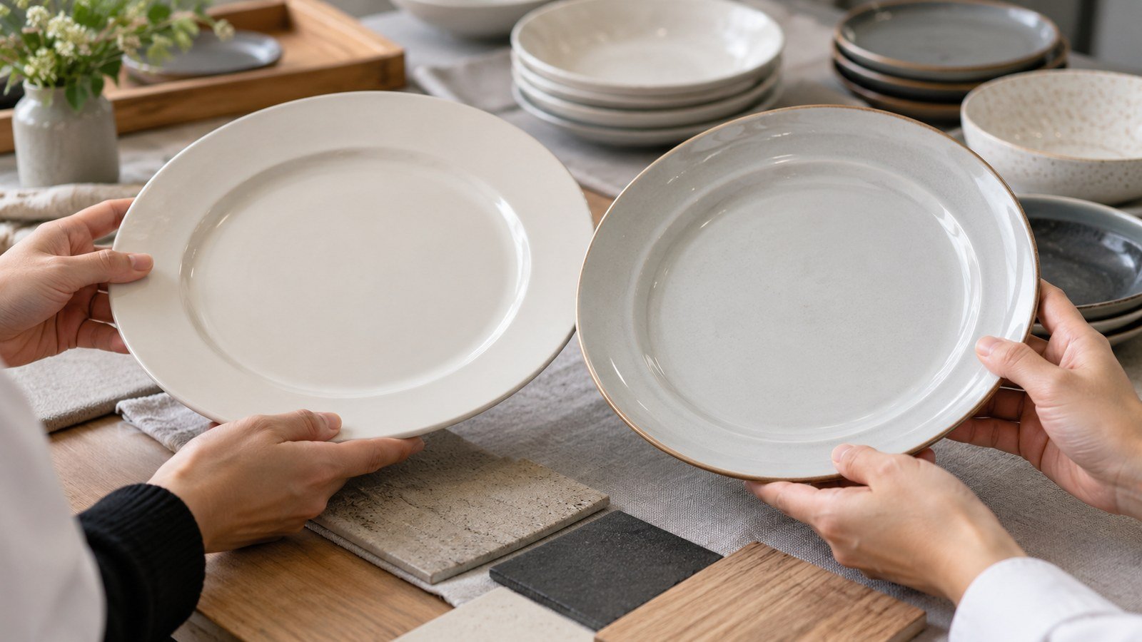 hands comparing two ceramic dinner plates with different rim profiles on a review table