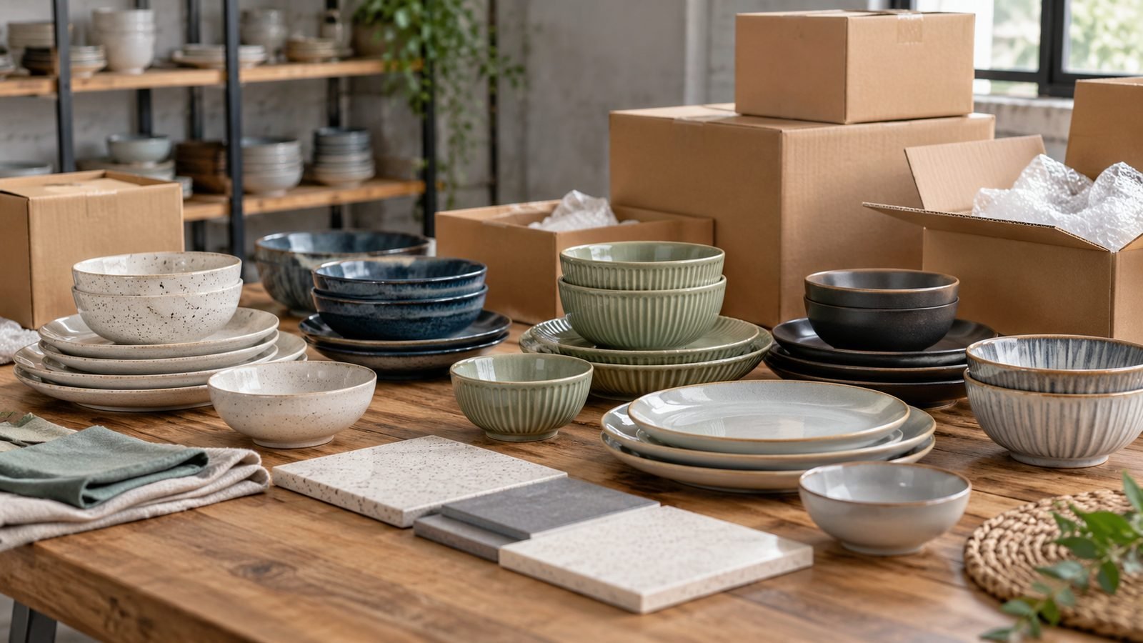 alternative ceramic bowl and plate assortments beside protective plain shipping cartons