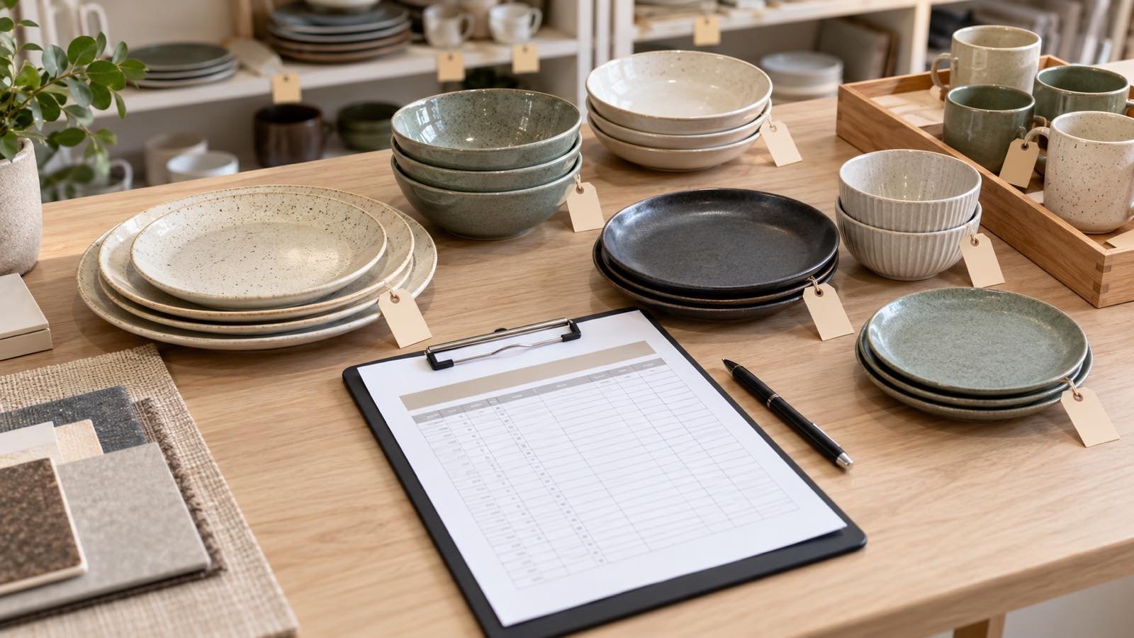 Buyer reviewing a dated ceramic tableware stock sheet beside coded plates and bowls