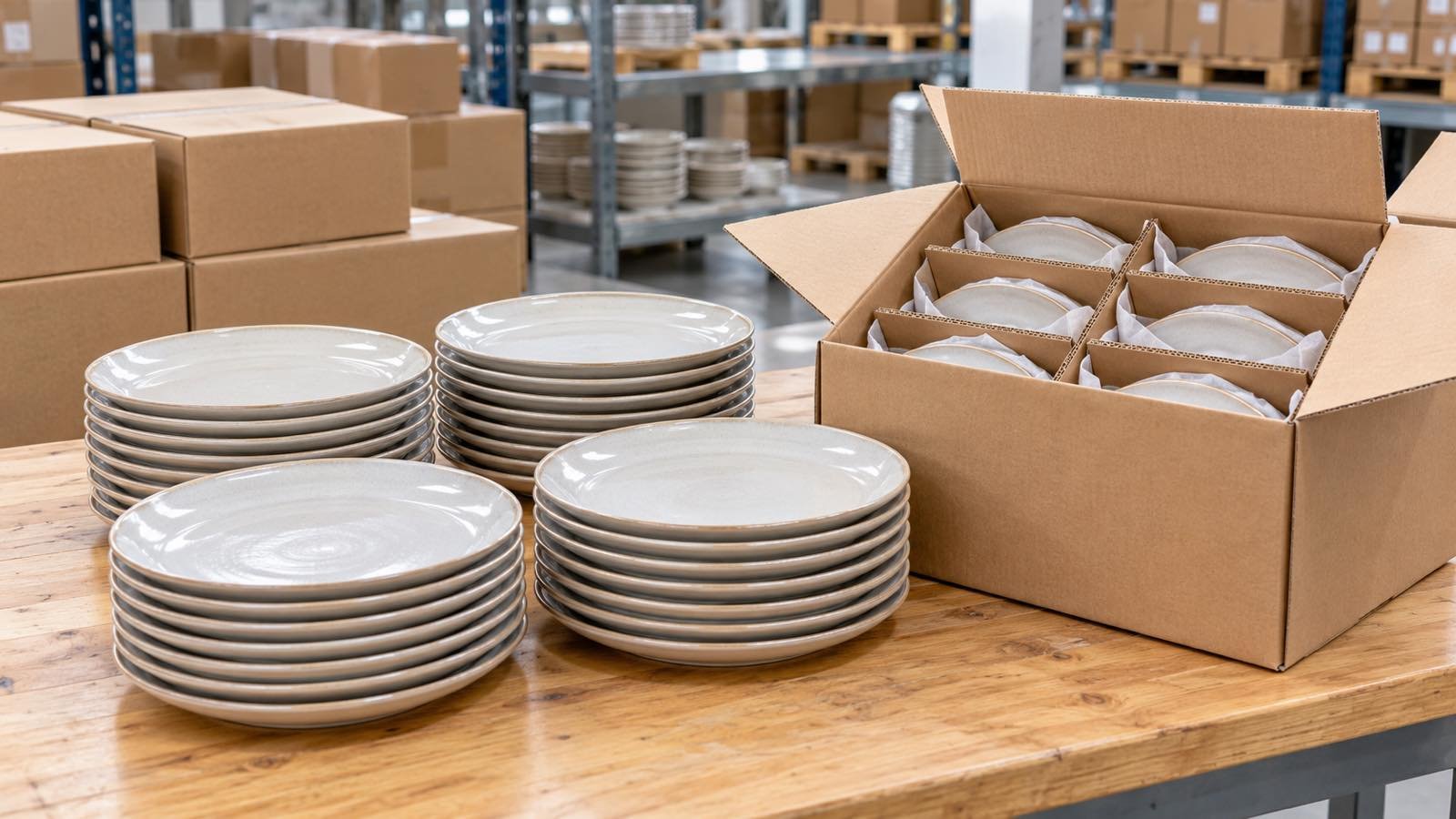 Ceramic plates grouped in counted stacks beside full protective shipping cartons