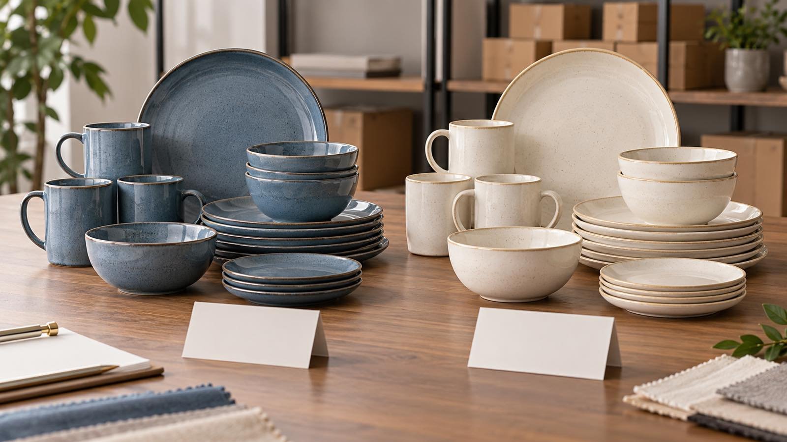 Two clearly coded ceramic designs compared on a purchasing desk with revision notes