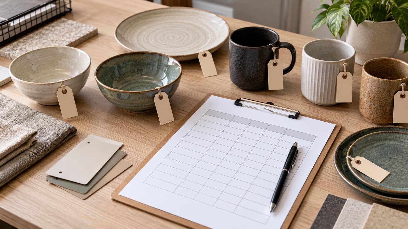 Buyer planning a ceramic tableware product test with coded samples and a simple scorecard
