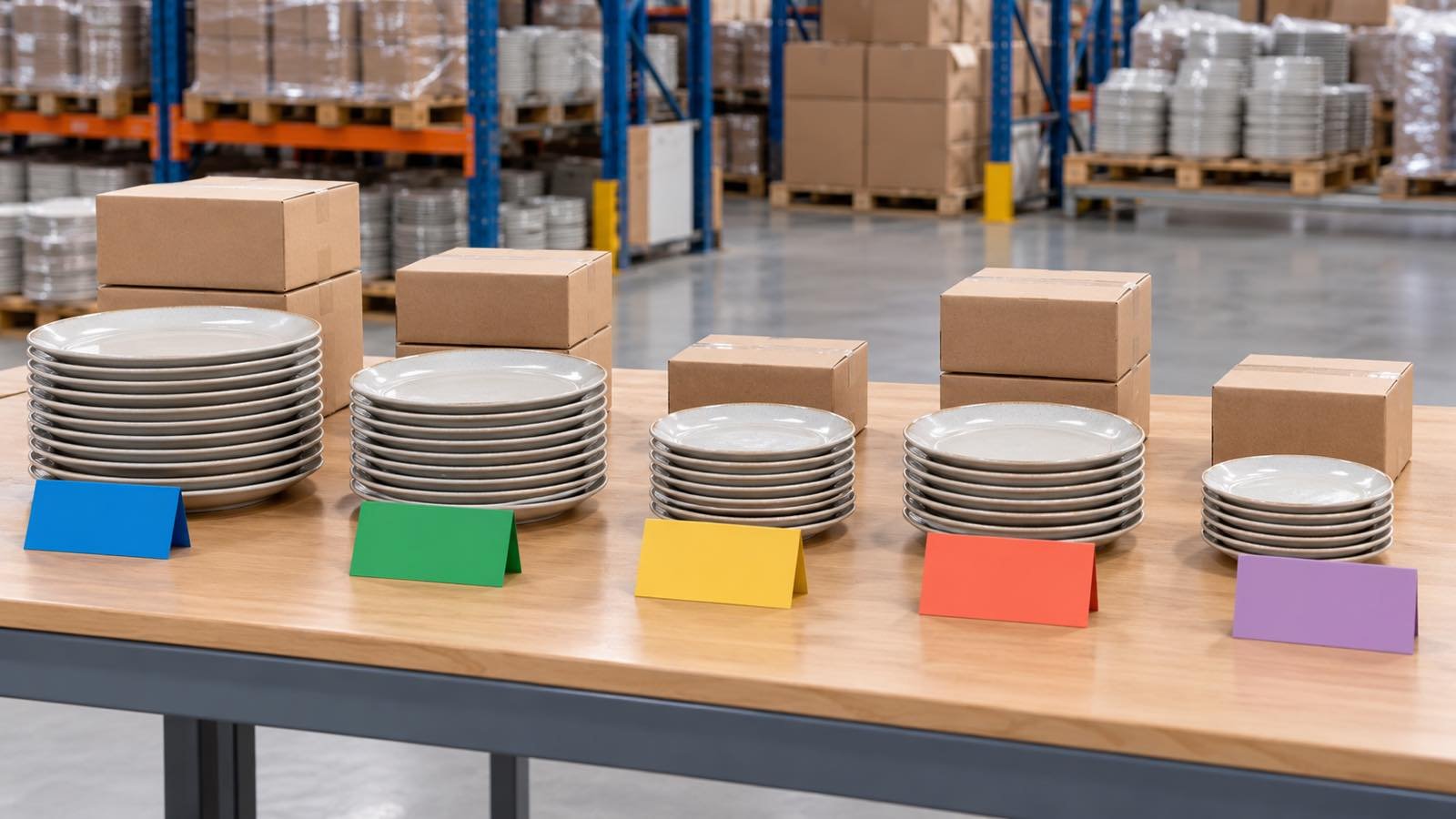 Ceramic plates allocated into clearly labeled trial quantities for several retail locations
