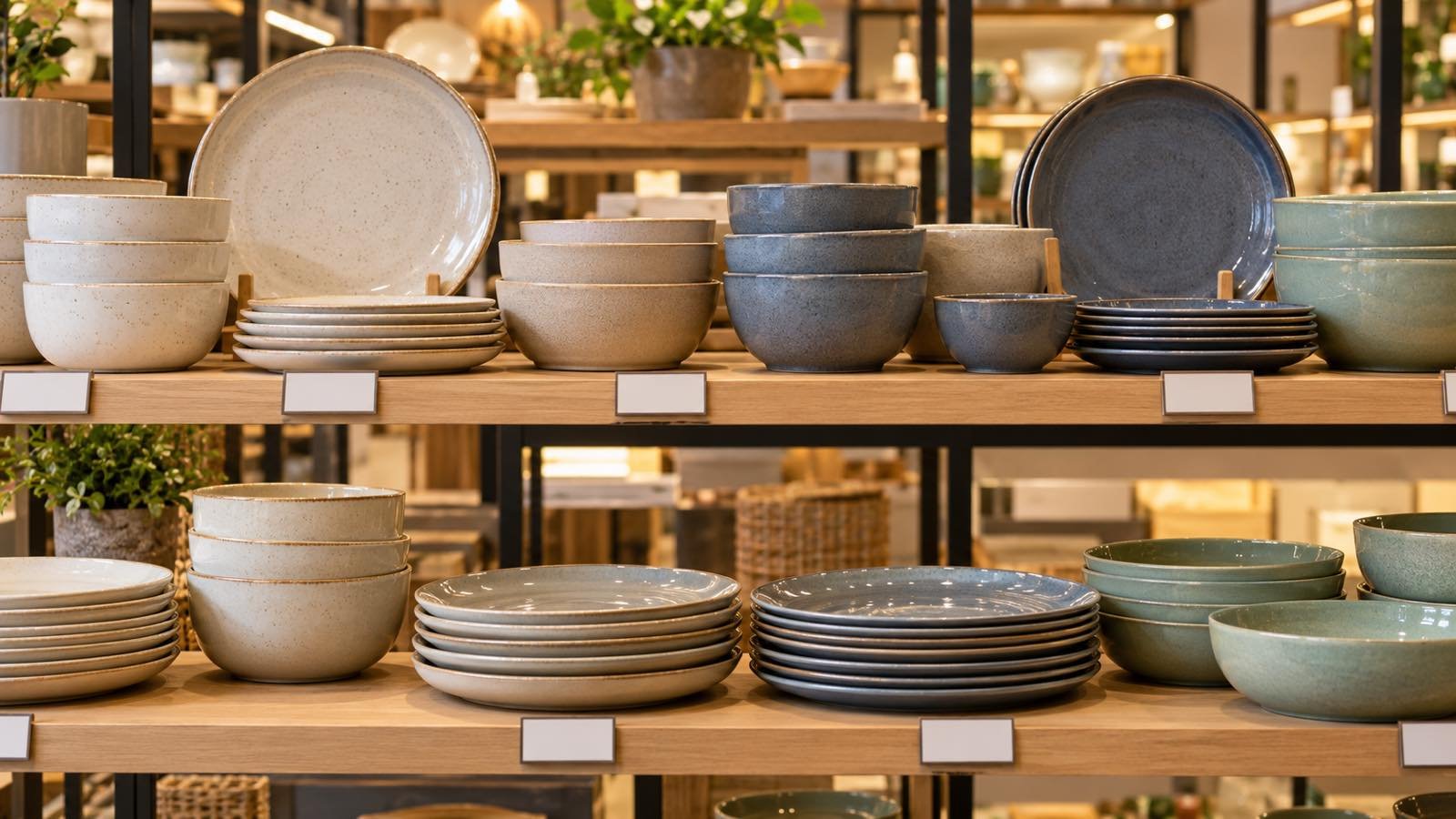 Retail shelf with tested ceramic bowls and plates beside discreet inventory tracking labels