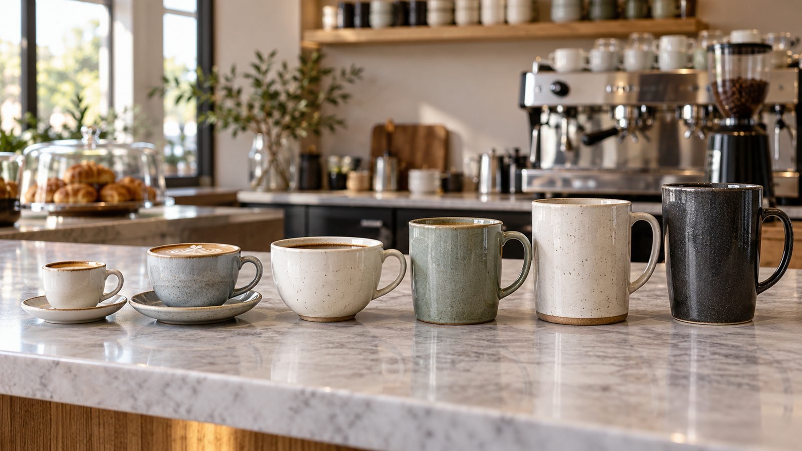 ceramic coffee cups of different shapes arranged for cafe menu and capacity comparison