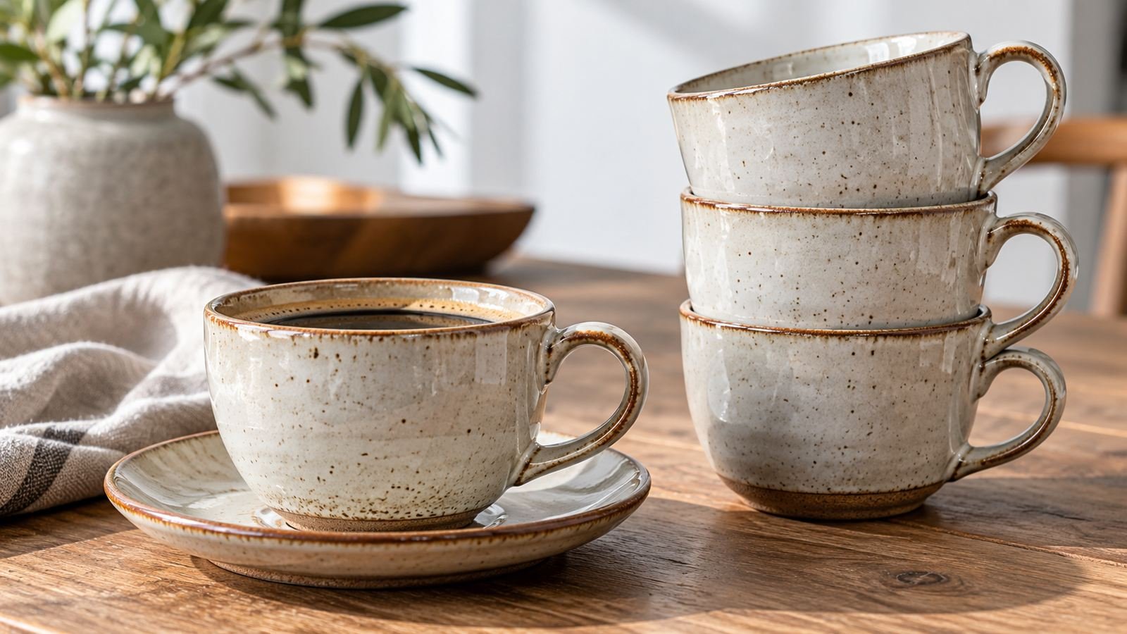 a ceramic coffee cup seated on a matching saucer beside separate stacked cafe cups