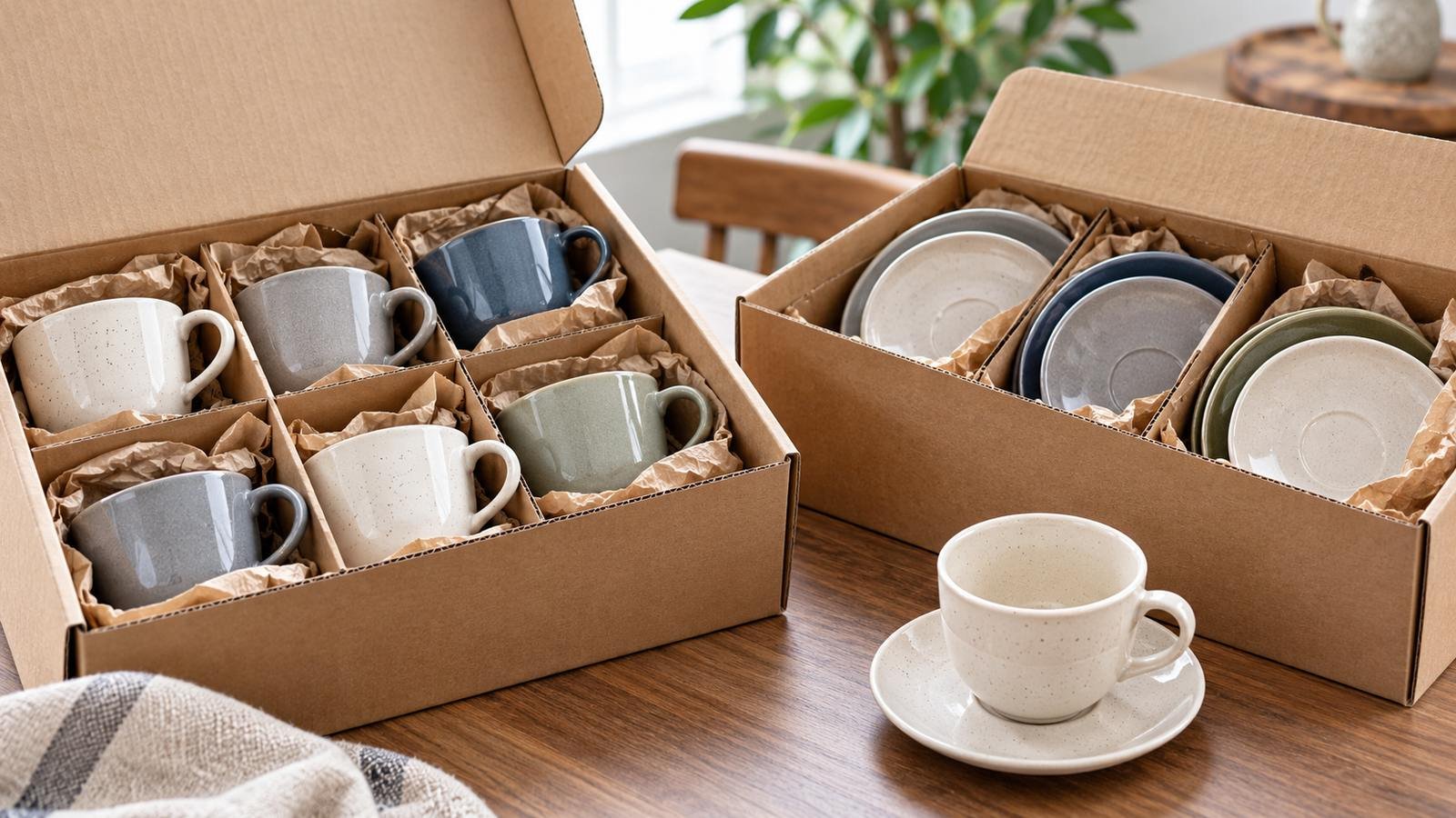 ceramic cups and matching saucers organized in protective plain shipping cartons