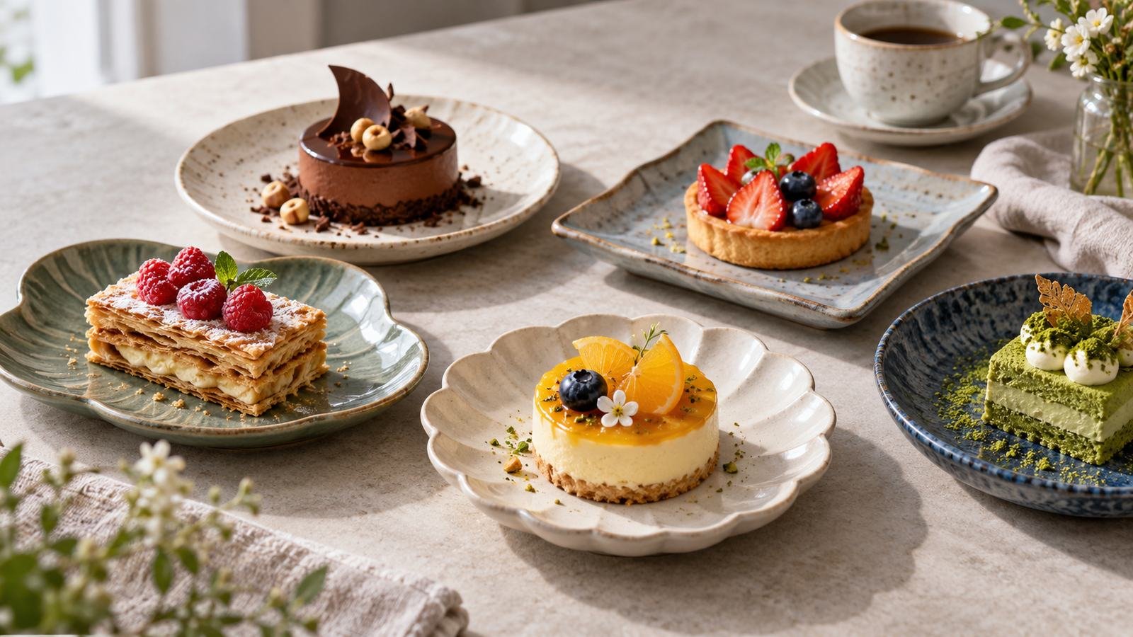 ceramic dessert plates in different shapes arranged with representative pastry portions