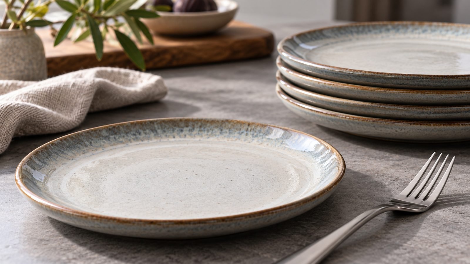 stacked ceramic dessert plates beside a single plate and fork showing rim profile