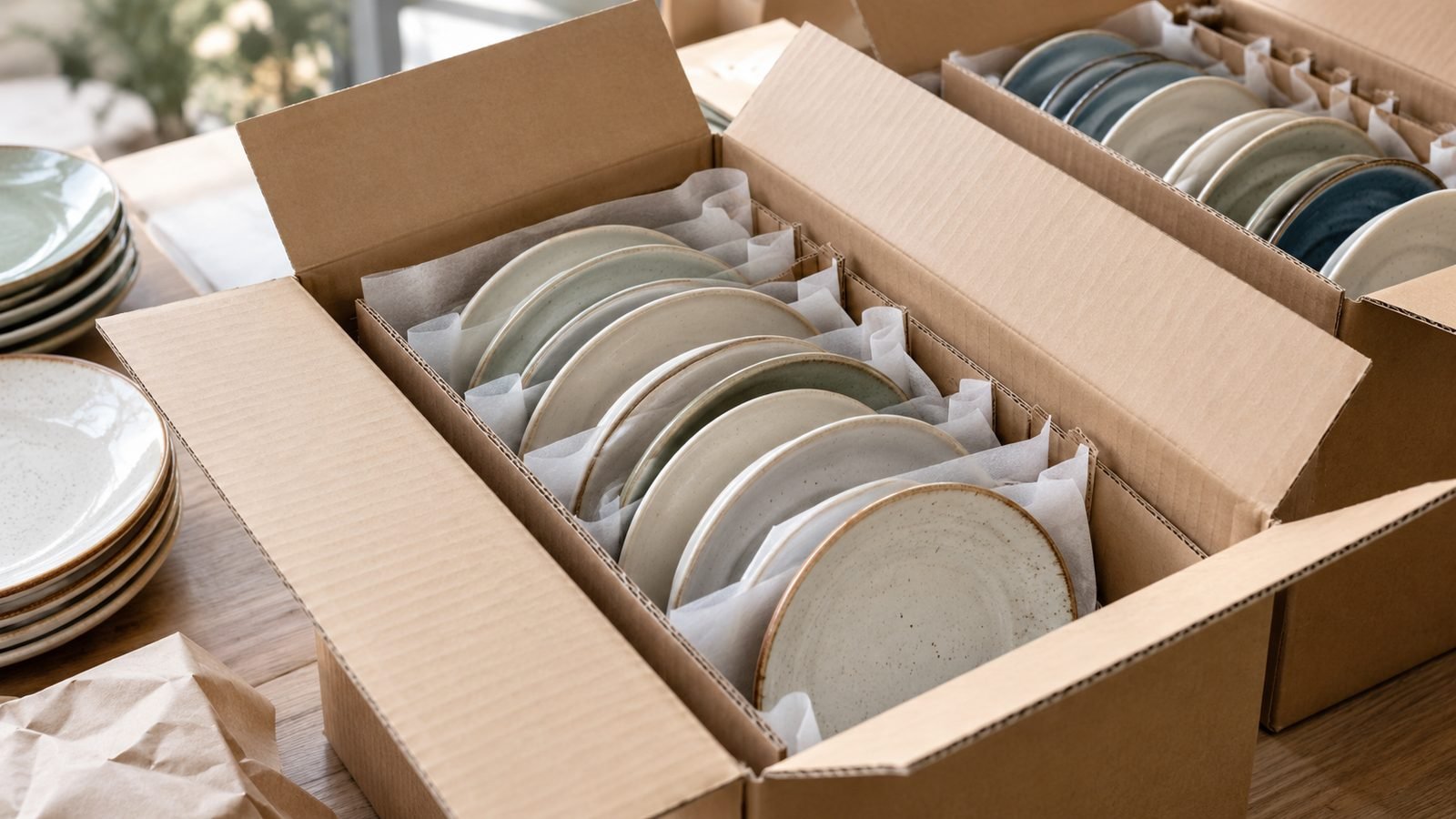 ceramic dessert plates protected by cardboard dividers inside a plain shipping carton