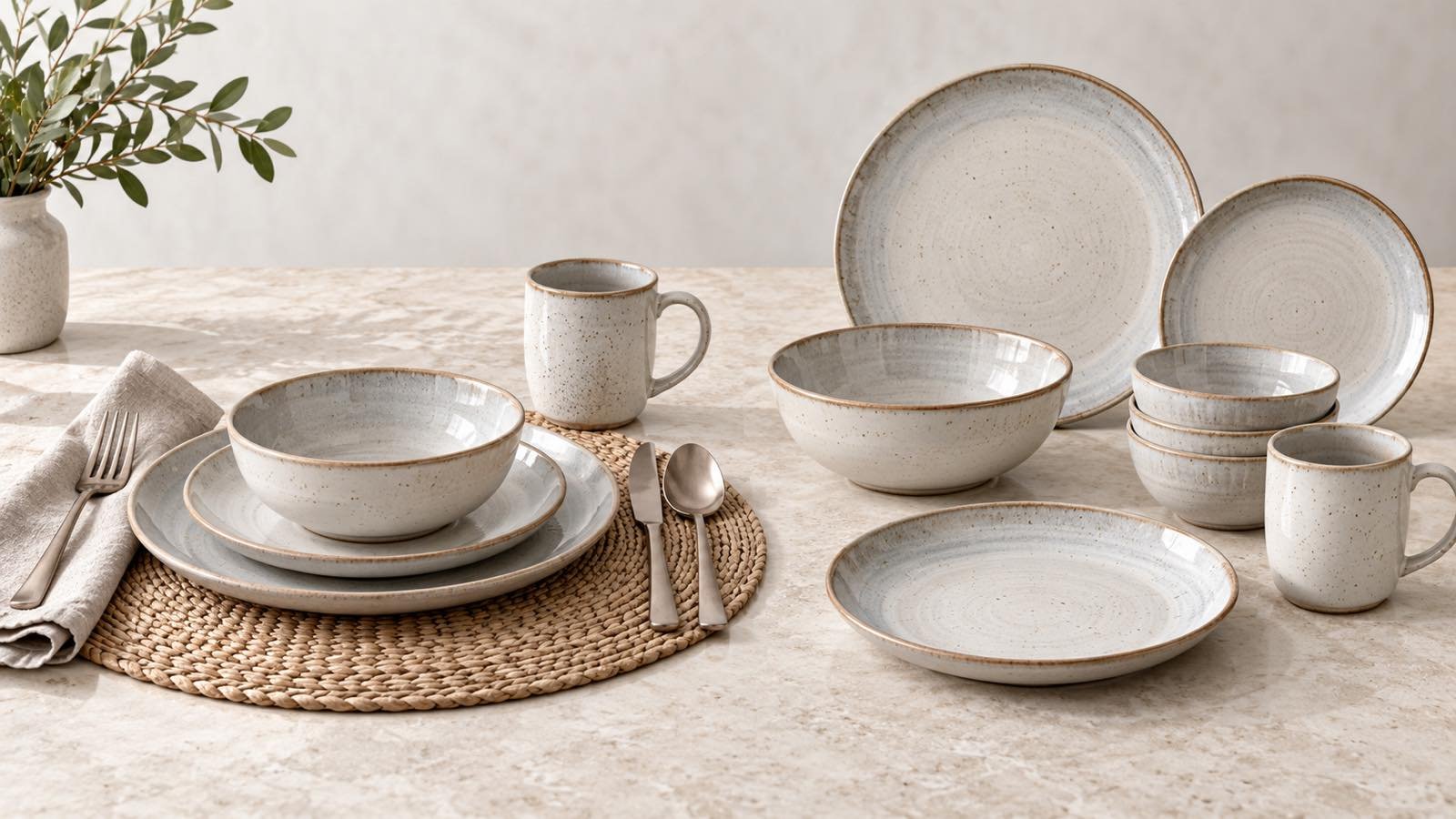 Coordinated ceramic dinnerware set displayed beside individually selected open stock pieces