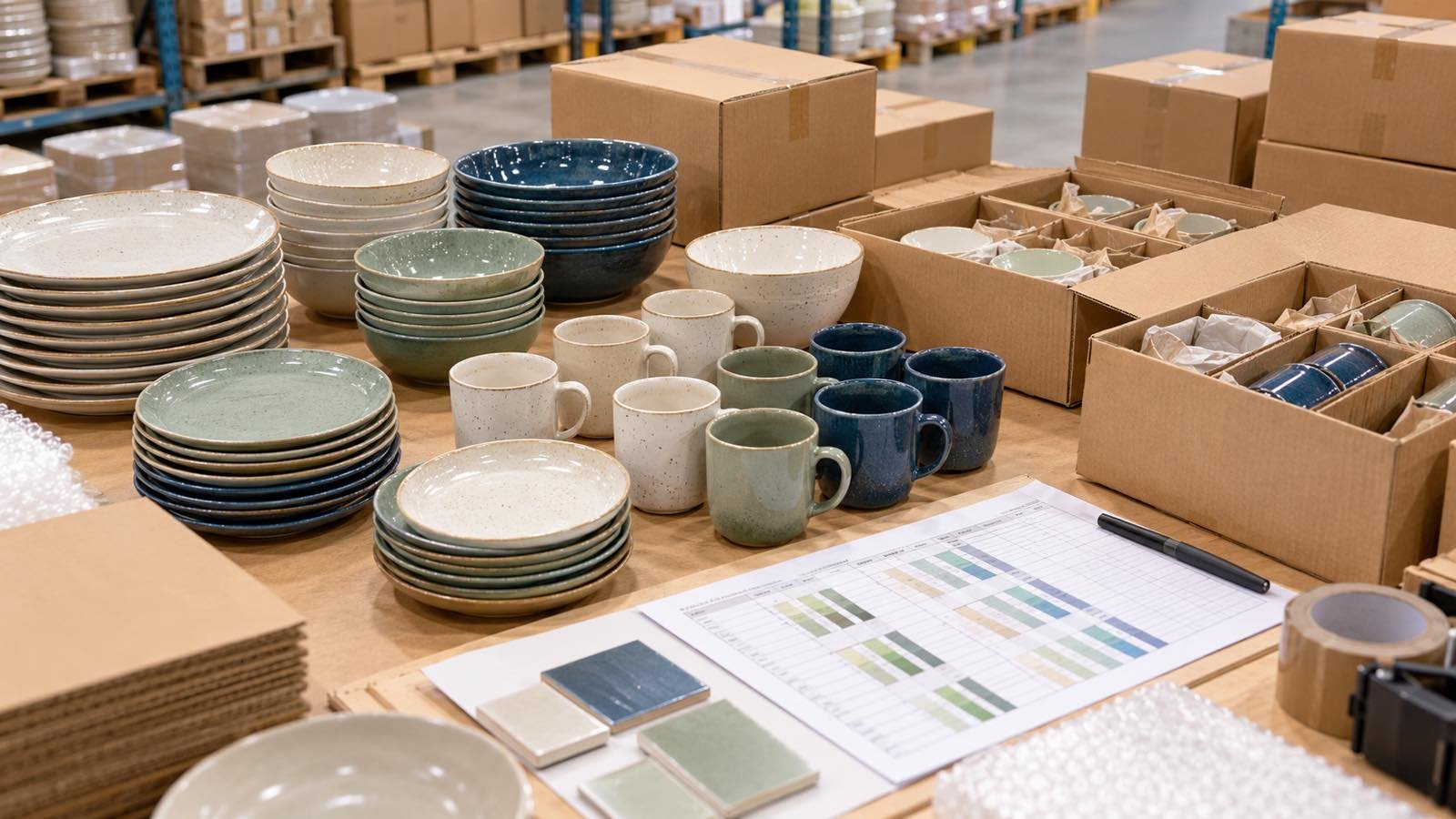 Warehouse planning table with ceramic plates bowls mugs and labeled shipping cartons