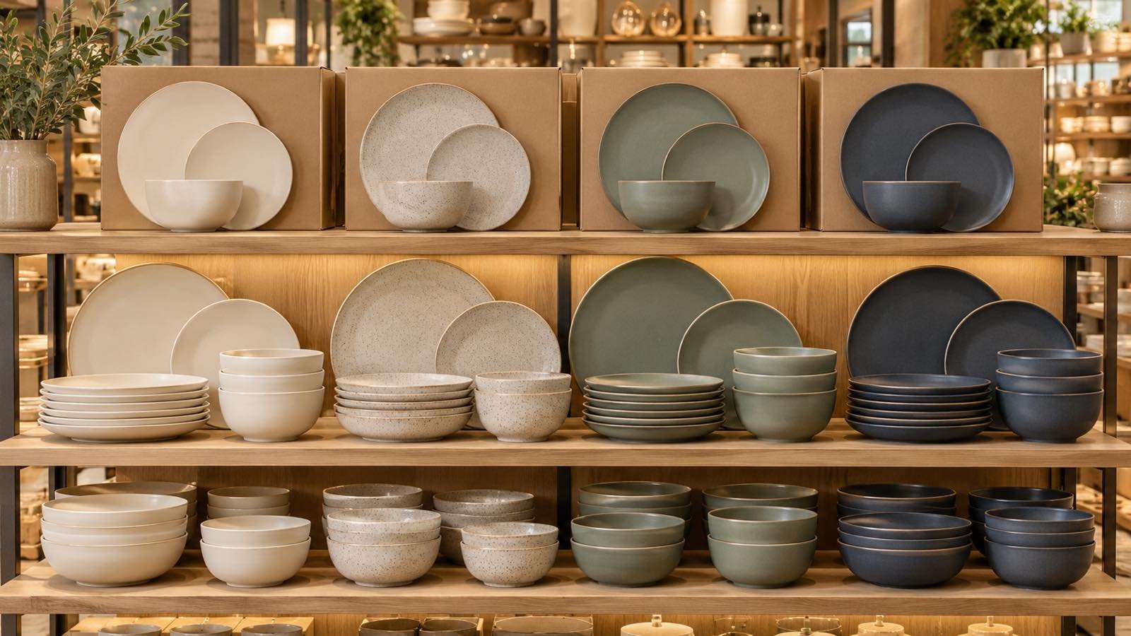Retail display combining boxed ceramic dinnerware sets with replacement plates and bowls