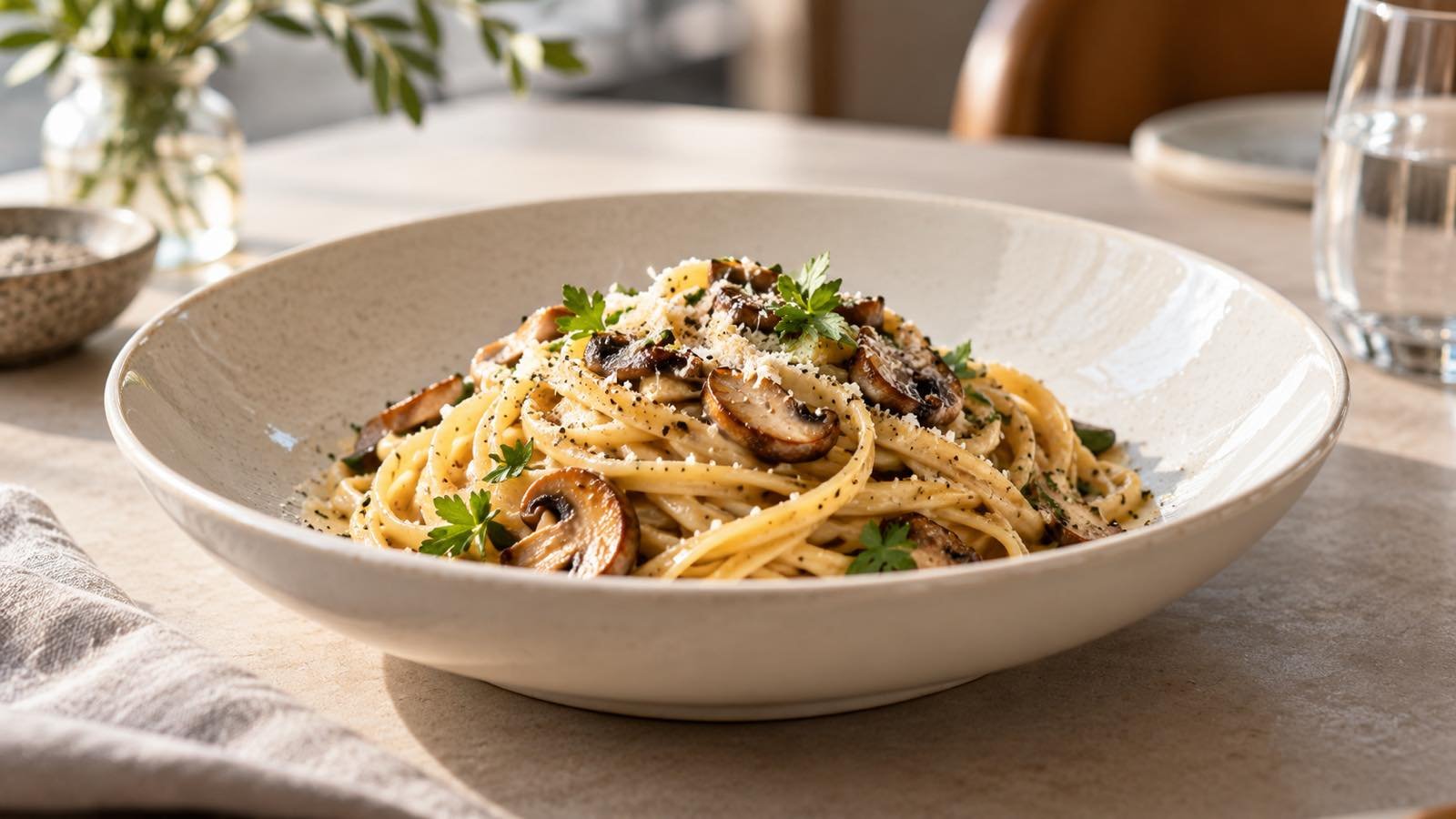 Restaurant pasta portion served in a broad ceramic bowl with a clean unbranded setting