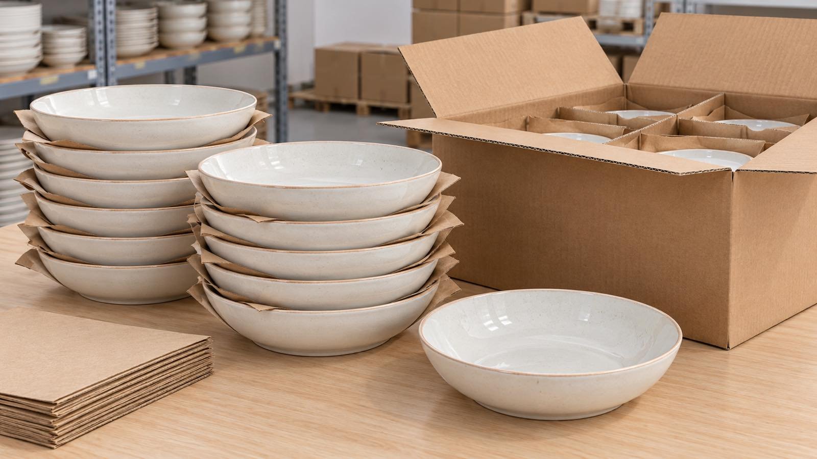 Stacked ceramic pasta bowls with protective dividers beside a labeled export carton