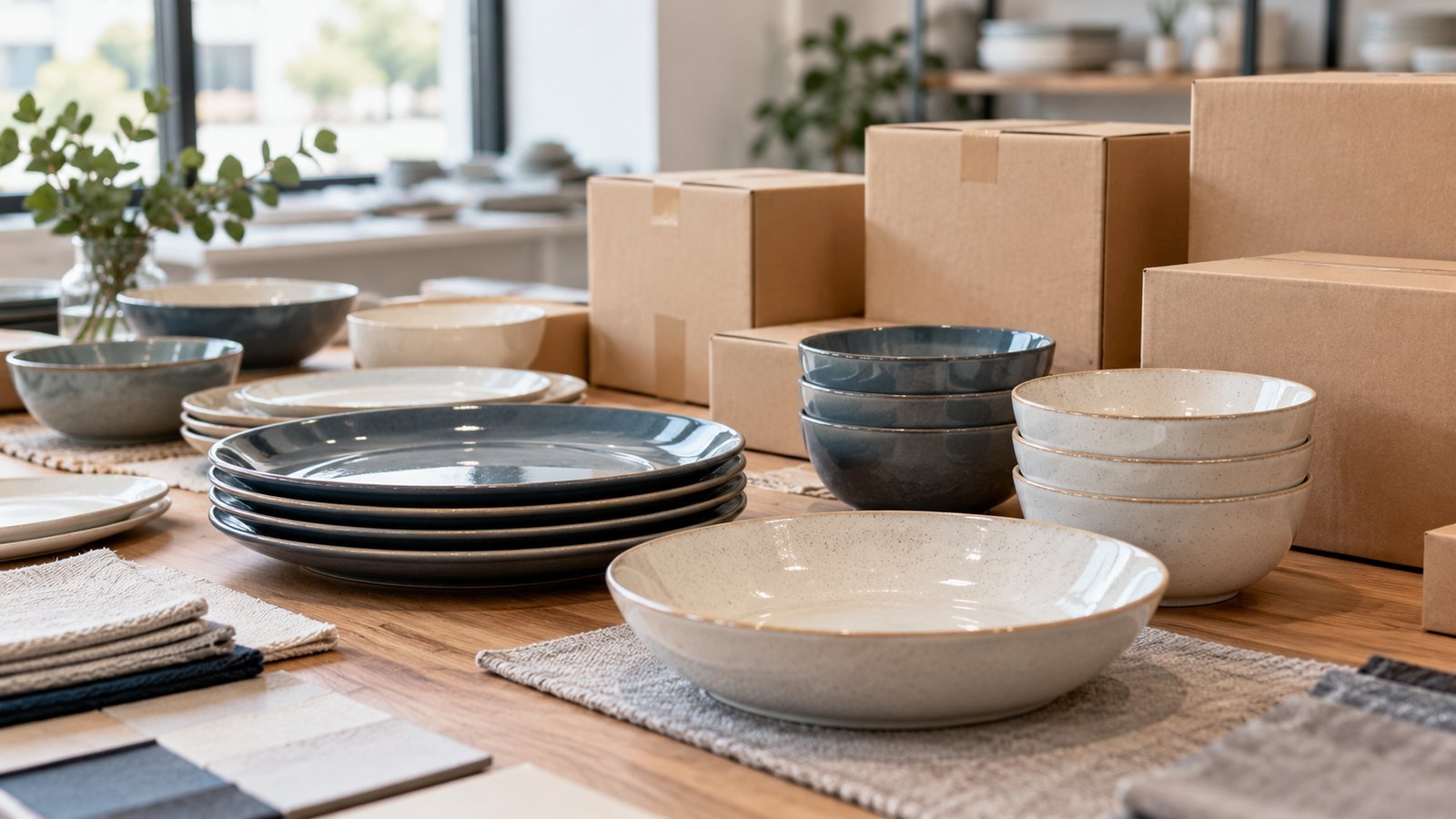 ceramic plates and bowls arranged beside unmarked cartons for wholesale quote comparison