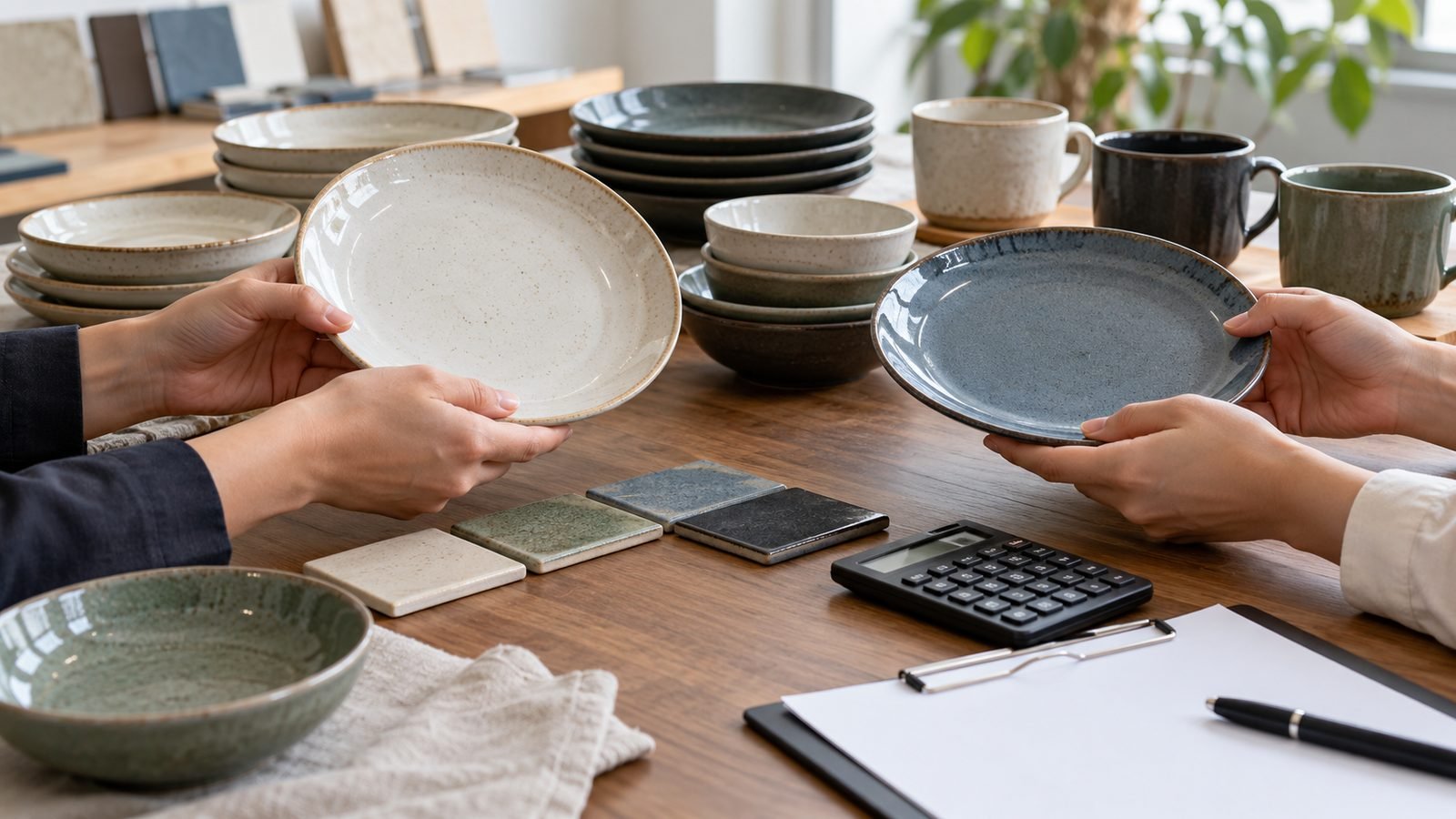 hands comparing ceramic tableware samples beside a calculator and blank purchasing worksheet