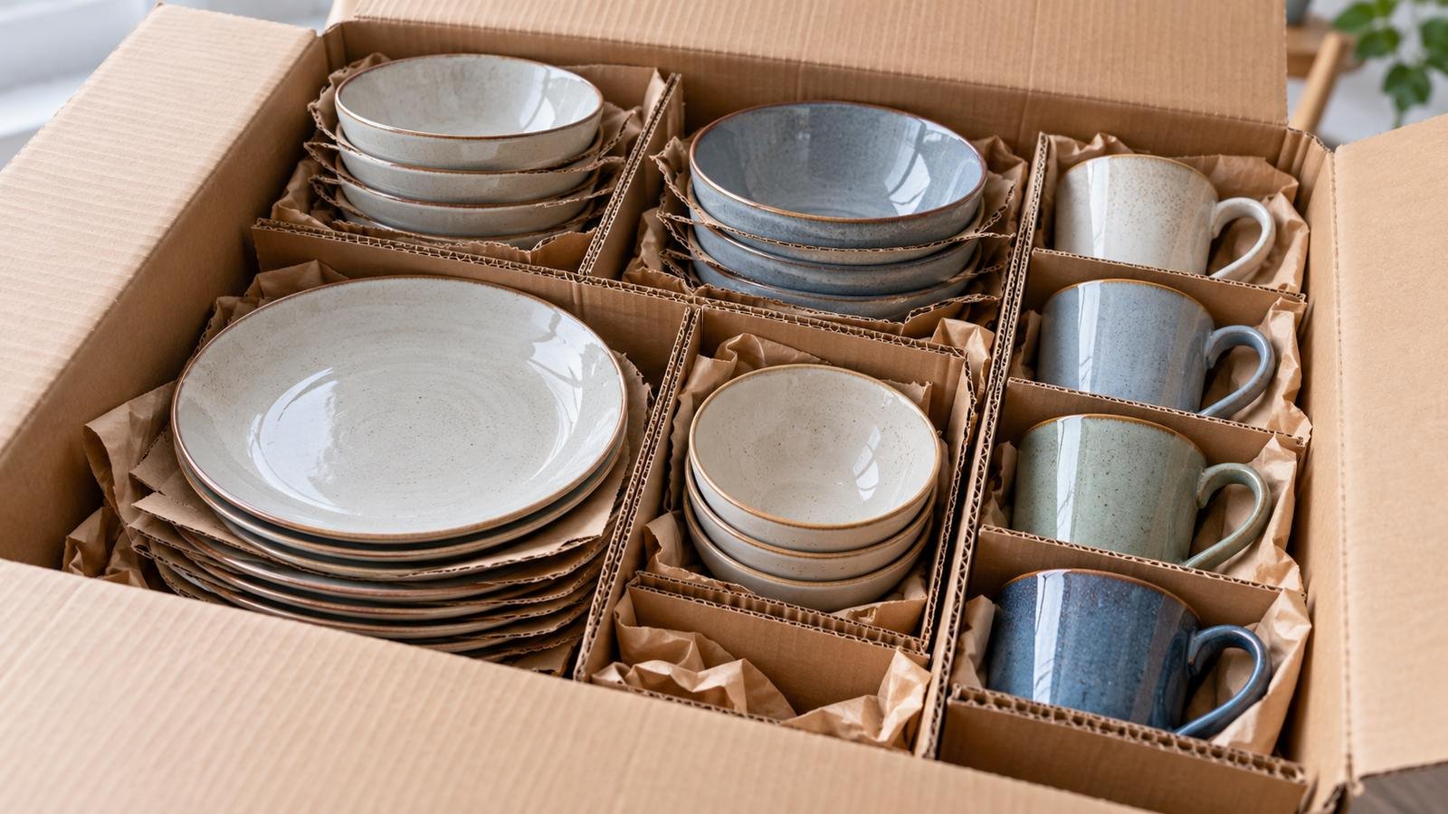 neatly packed ceramic dinnerware with protective dividers and blank carton labels